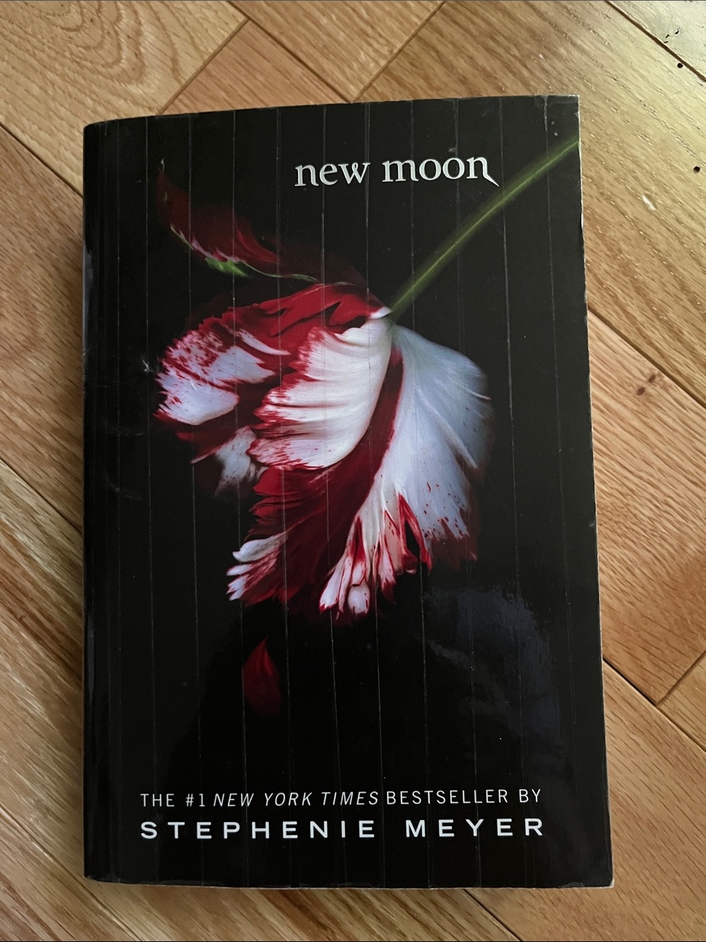 New Moon Paperback Book - Black with Red & White Floral Cover